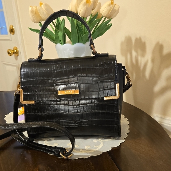 Dune London Handbags - Vintage Dune London Black Croc-Embossed Satchel with Gold Accents